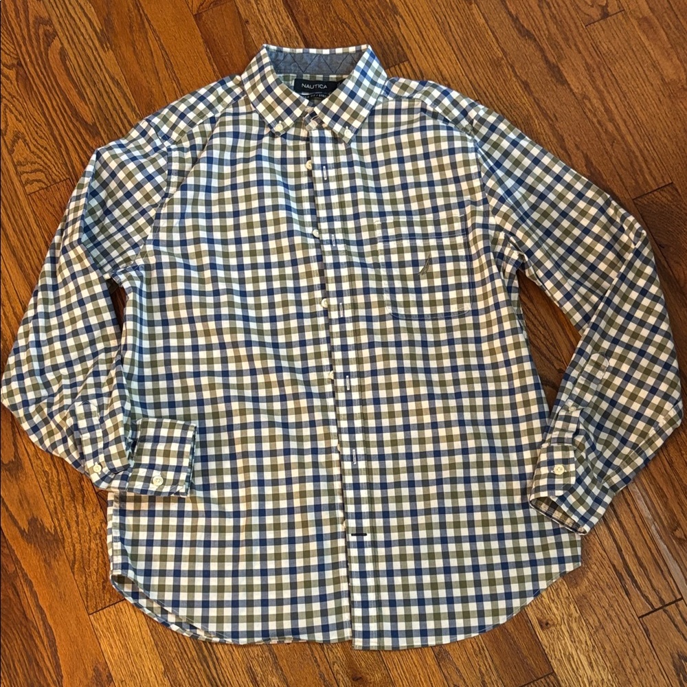 Nautica Men's Blue and White Plaid Shirt